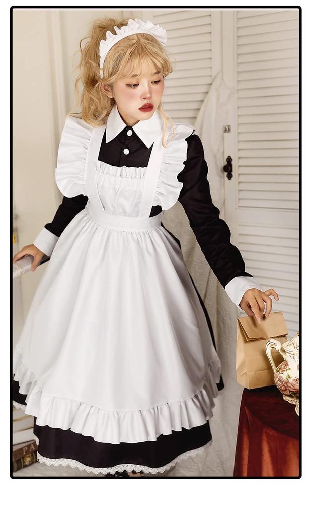 Maid Cosplay Long Sleeve Long Skirt Apron White Black Maid Clothes [Lady Lazy] (XL)