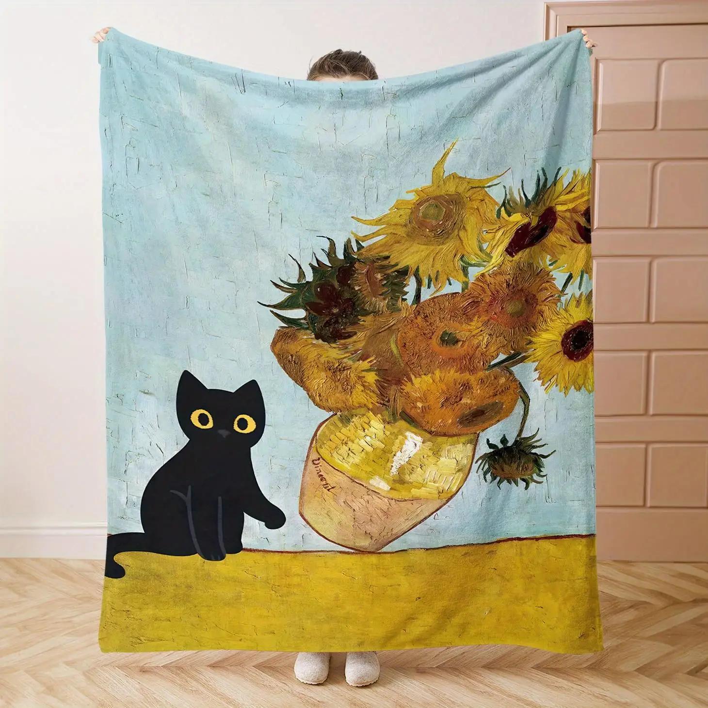 Van Gogh Sunflowers Black Cat Flannel Throw Blanket Cozy AllSeason Bed Sofa Office gsm Heavyweight Soft 75X95CM