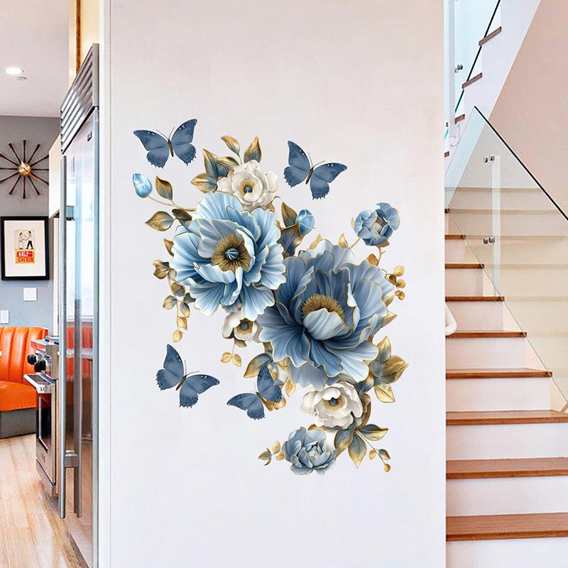 Blue Flower Butterfly Wall Sticker for Home Decor, Self-Adhesive Removable Decal for Living Room Bedroom Entrance
