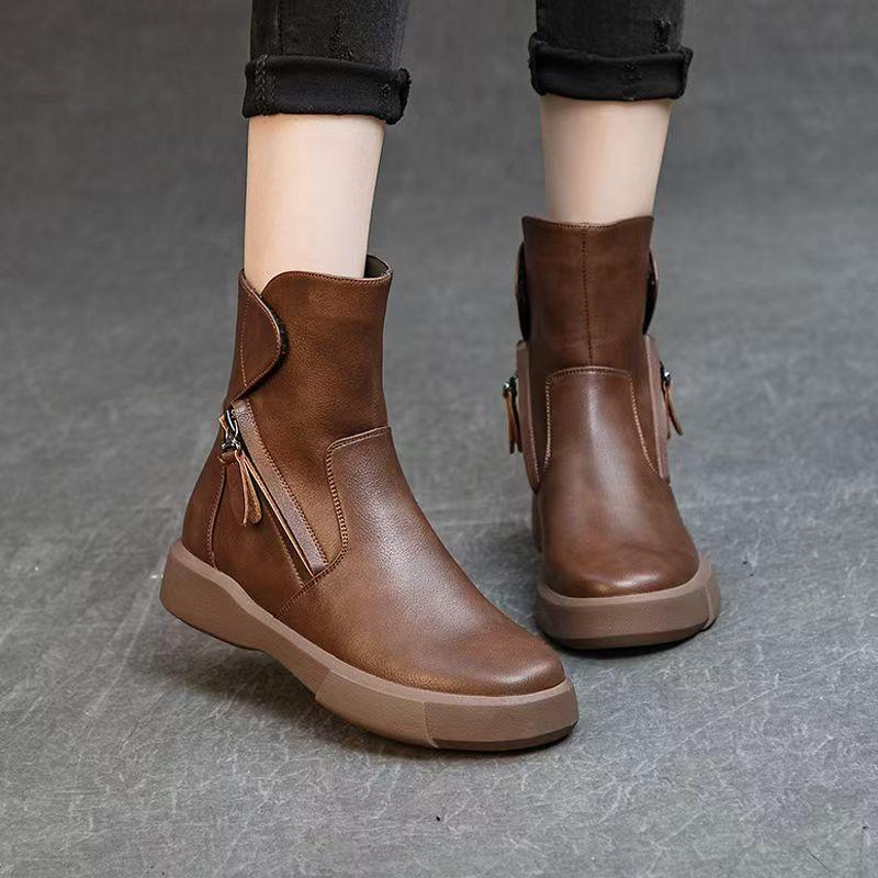 Women Real Leather Flat Sole Ankle Boots Autumn Winter New Soft Sole Non Slip Plush Keep Warm High Top Zippers Cotton Boots