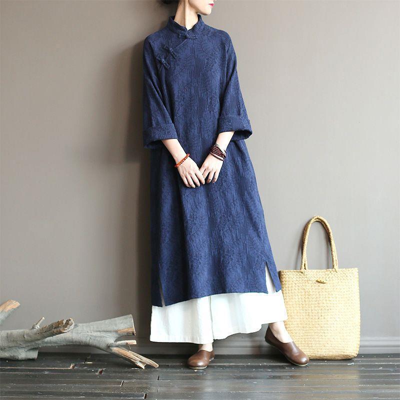 Retro Frog Button Cotton Linen Casual Long Dress