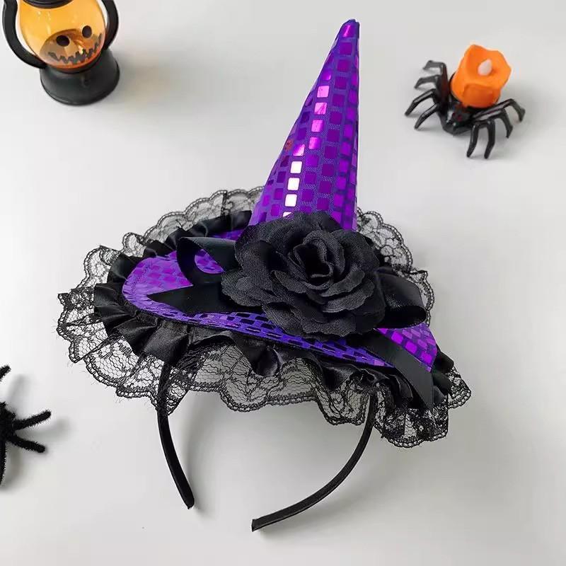 Halloween Witch Hat Headband Lace Trim Ghost Skull Rose Spider Web Hair Accessory For Halloween Party Cosplay Women Girls