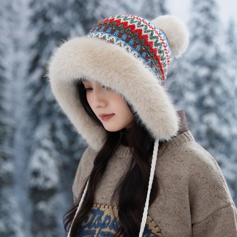 Winter Retro Ethnic Style Knitted Warm Thickened Velvet Cold-proof Wool Hat Women's Warm Ear Protector Hairball Hat