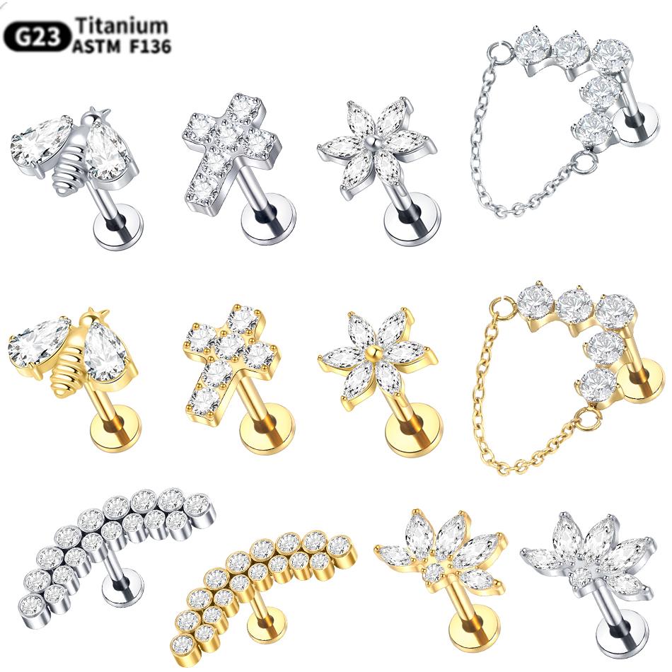 1PC Titanium Ear Piercing Cartilage Earrings Tragus Helix Pirsing Labret Piercing Cross Ear Lobe Lip Rings Daith Jewelry Women