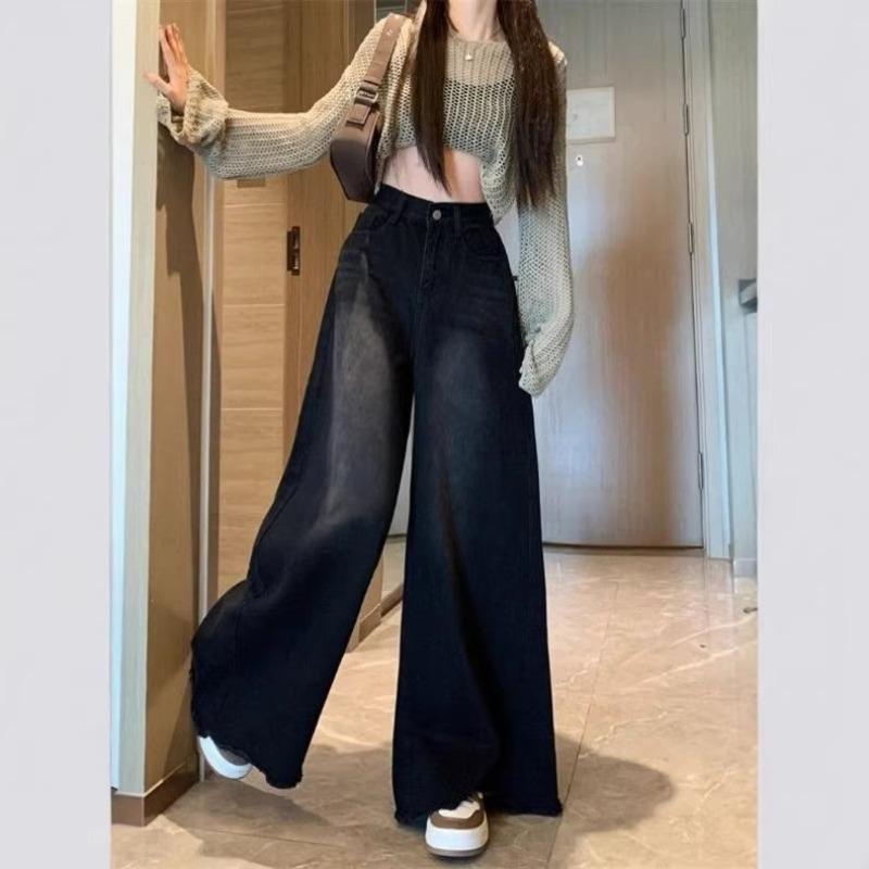 [New Casual Versatile Black Large Trousers Loose Rough Edge Wide Leg Jeans Women's Wide Leg Pants