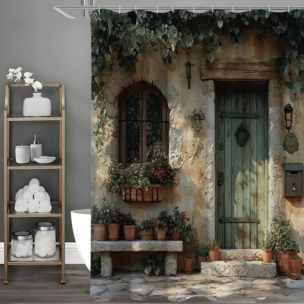Italian Street Scenery Potted Plant Shower Curtain, Bathroom Decorative Shower Curtain, Waterproof Shower Curtain with Hooks