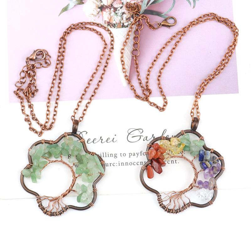 Vintage Sunflower Hand-Wound Tree of Life Necklace with Crushed Stone Crystal Pendant