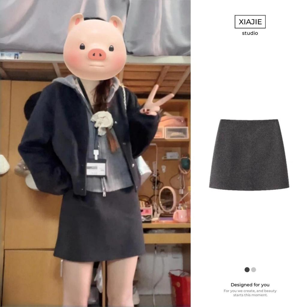 Women's Gray Woolen Skirt & Baseball Jacket Set - Korean Academy Style