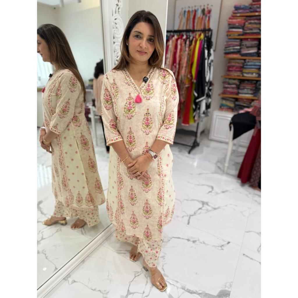 Hand Block Printed Pure Cotton Salwar Suit Indian Women's Kurti Pant Dupatta Set
