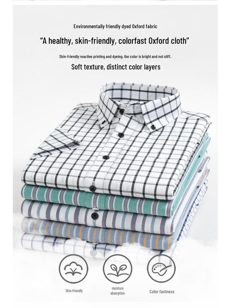 Herr sommar Oxford bomull kortärmad skjorta - Business Casual, Enzymtvättad, Antibakteriell