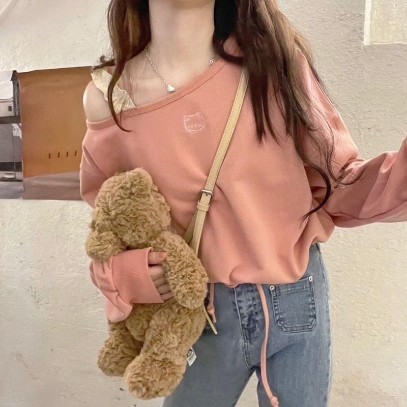 Süße Rosa Cropped Hoodies Y2k Kleidung Damen Katzenstickerei Schulterfrei Locker Kordelzug Rundhals Sweatshirt