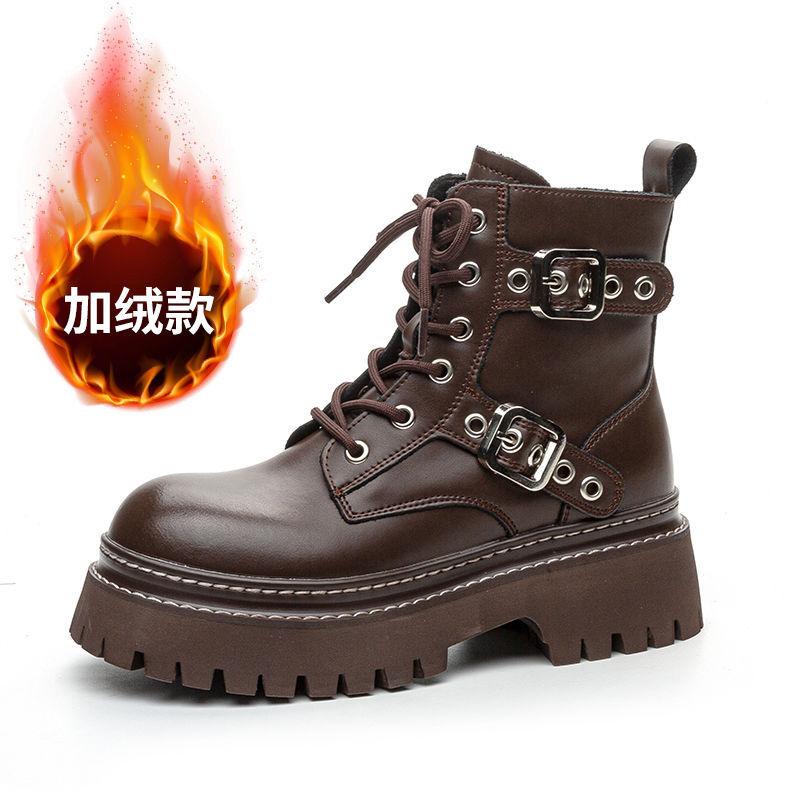 Leather Martin Boots Women's Autumn and Winter New Handsome Tooling Velvet Short Boots Thick-soled Heightening Single Boots