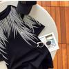 Large Size Heavy Industrial Shiny Diamond Feather Wings Short Sleeve T-shirt Women Black Hundred Tops