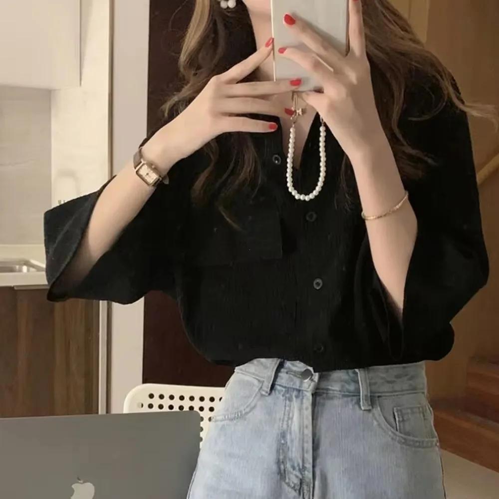 Summer  Retro One Pocket Loose Blouse Single-Breasted Round Neck Lace Clothing Design Sense Fold Shirts Top