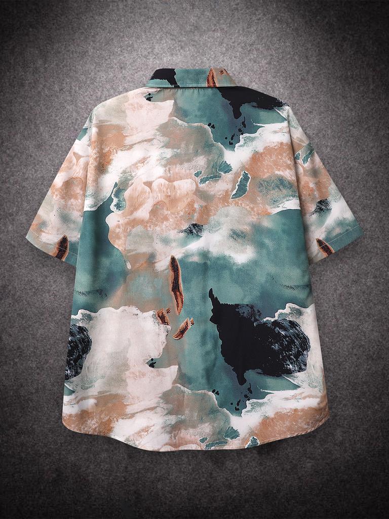 Oversized Hawaiian Casual Shirts Vintage Wave Painting Full Print Short Sleeved Shirt Loose for Men Clothing Y2k Streetwear