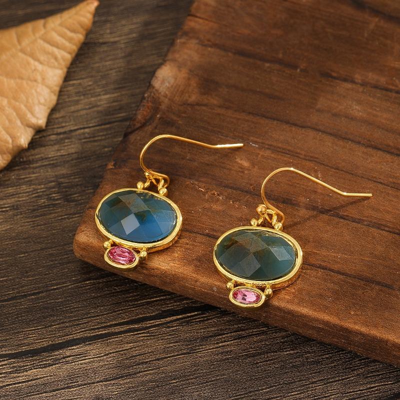 Exquisite Round Gold Color Inlaid Green Red Stone Dangle Earring for Women Trendy Party Engagement Wedding Earrings Jewelry