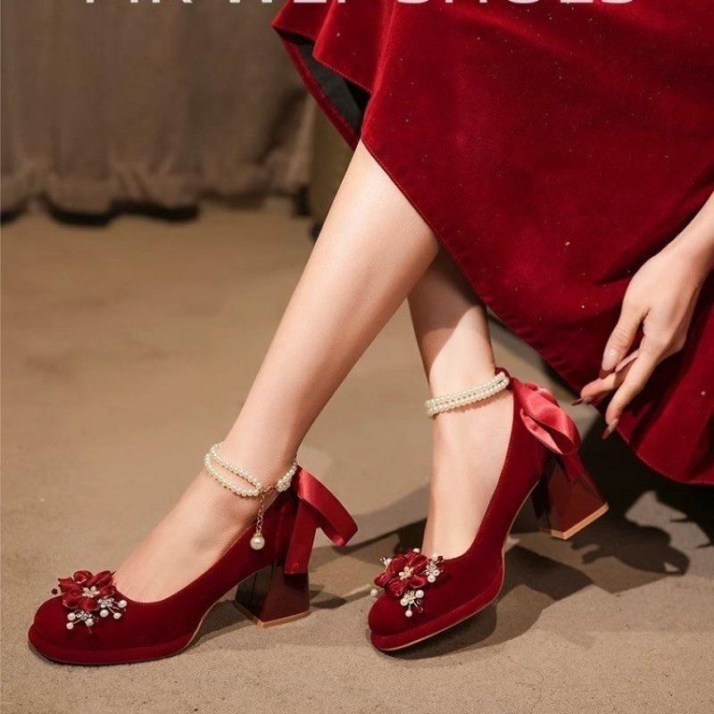 Fashion Red Wedding Shoes, Two-wear Wedding Dress, Mary Jane's Thick and High Heel Women's Shoes 2025 New Style