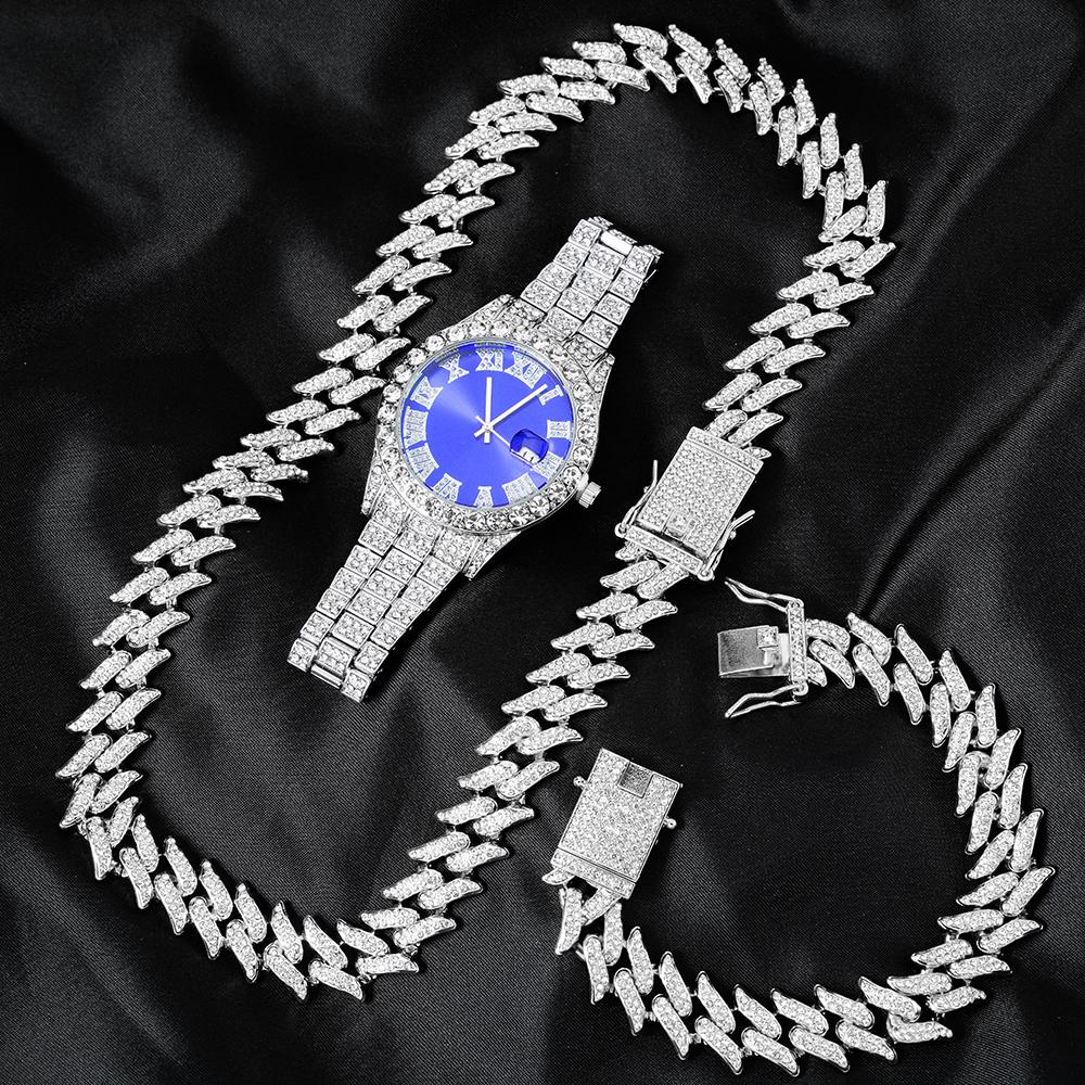 Hip Hop 3pcs Cuban Chain Watch for Men Miami Curb Iced Out Paved Rhinestones Rapper Cuban Necklace Suit Watch Bracelet Jewelry