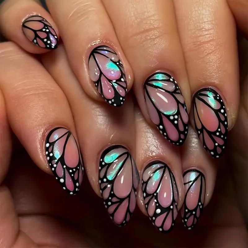 

3D Butterfly Almond White Speckled Removable Fake Nails