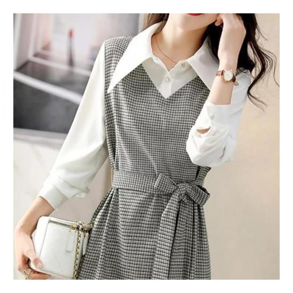 Navava Women Check Two In One Long Sleeve Shirt Dress No738