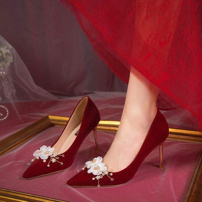 2025 new red wedding shoes women's show clothes two wear stiletto bride shoes pregnant women toast Chinese dress shoes