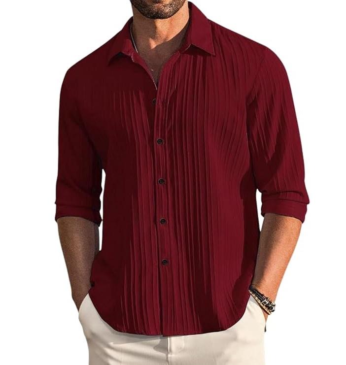 Men's Casual Button Down Shirts Long Sleeve Linen Shirt Fashion Textured Beach Summer Shirt