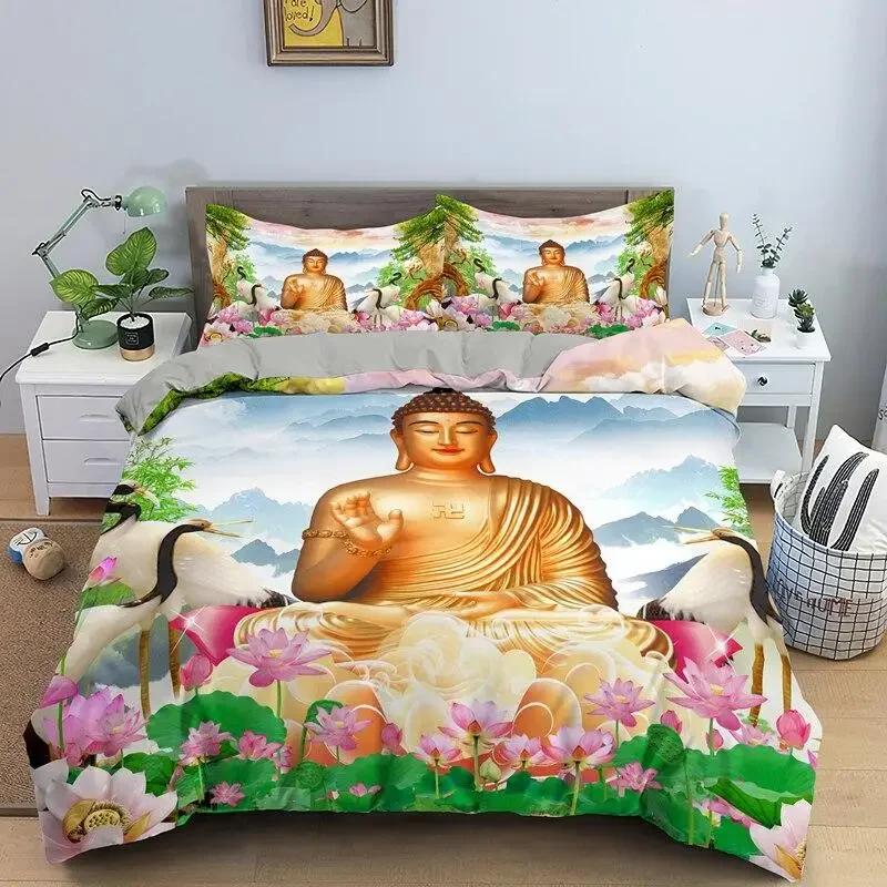 Buddha Duvet Cover Set Microfiber Buddha Statue Exotic Ethnic Bohemian Bedding Set for Buddhist Devotees Double Queen King Size