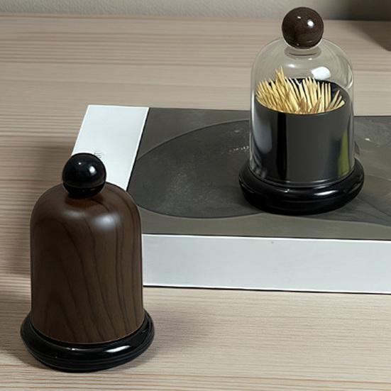 Toothpick Box with Clear/Wood Grain Lid, Dust-proof Toothpick Holder Dispenser, Dental Floss Swabs Toothpick Container for Kitchen Countertop