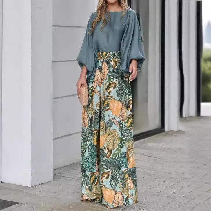 Damen Set einfarbig Laternenärmel lockeres Oberteil bedruckte Hose mit weitem Bein zweiteiliges Set