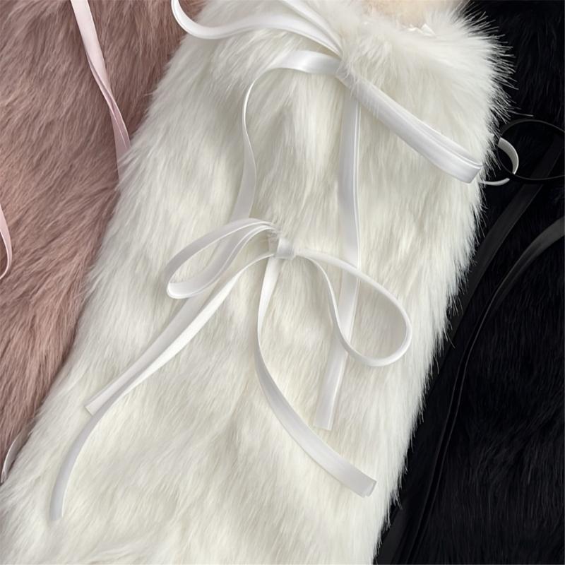 Women Gothic Punk Harajuku Plush Leg Warmers Japanese JK Sweet Ribbon Bowknot Warm Furry Boots Cover Leg Sleeve Socks