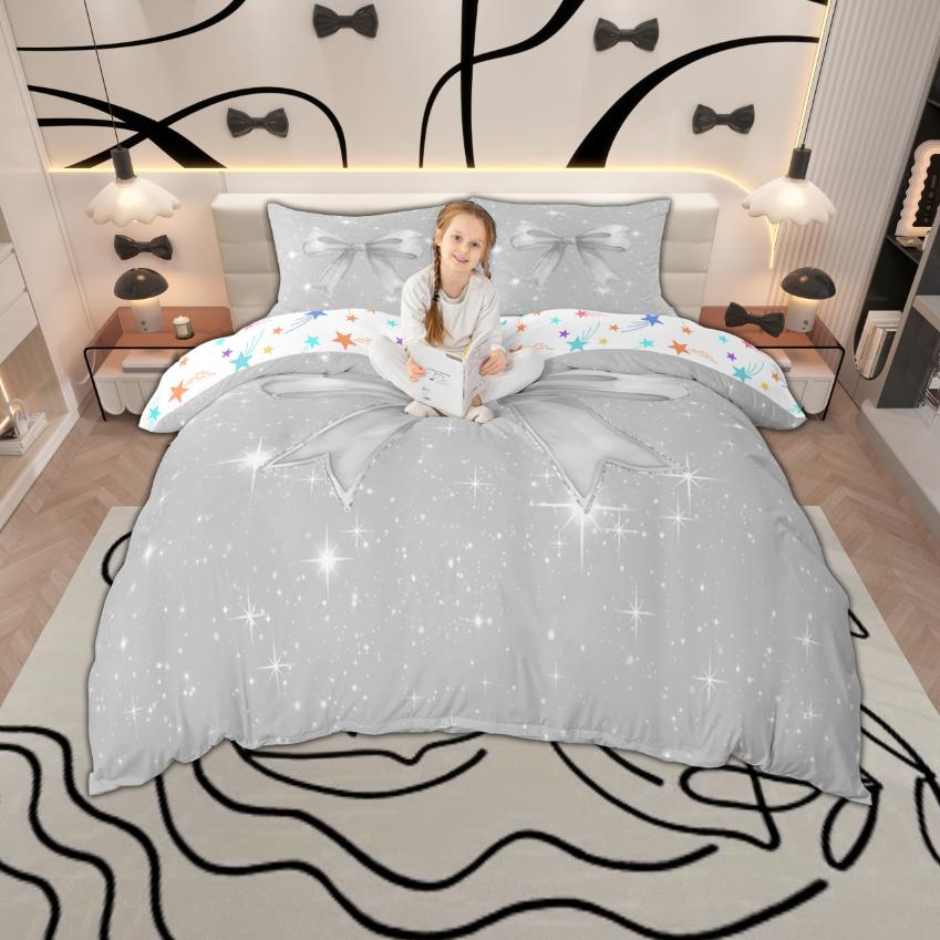 Comforter Homewish Princess Bowknot For Girls Cute Kawaii Bow Ribbon Set Glitter Stars Bedding Set