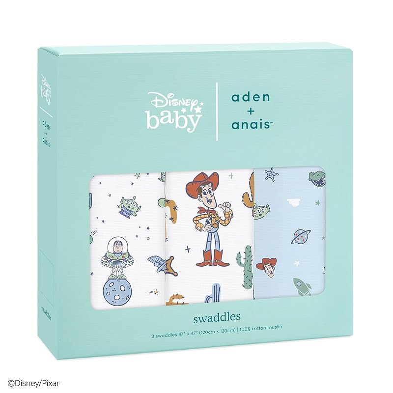 aden + anais Disney Toy Story Swaddle 3-Piece Set, 120 x 120cm, Muslin Cotton, for Newborns, Baby Shower Gift (SWADABDASWC30010DI)