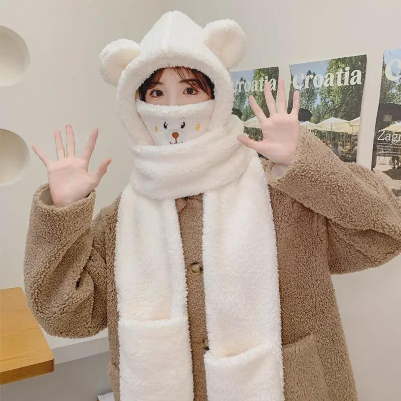 Lindo Set de Gorro y Bufanda de Oso de Invierno con Mascarilla y Orejeras - Cortavientos y de Felpa