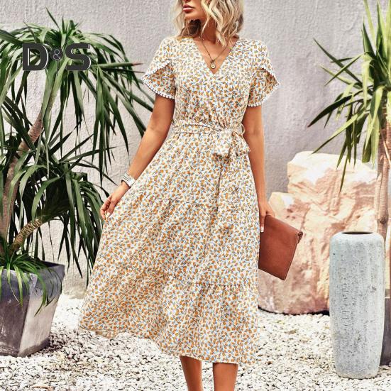 Women Summer Dress Flower Print A Line Loose Hem Patchwork Short Sleeves Irregular Short Sleeve Split Hem Lace Up High Waist Lady Midi Dress