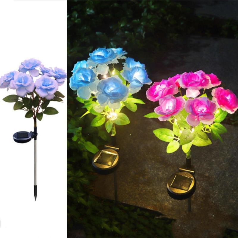 7-Head Solar-Powered LED Rose Lights Flower Garden Decor Outdoor Pathways Landscaping Light Lawn Decorative Atmosphere Lights