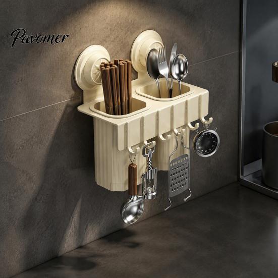 Kitchen Countertop Organizer Chopstick/Cutter Storage Rack, Wall Mounted Suction Cup Installation, Heavy Duty Carbon Steel No Drill Utensils