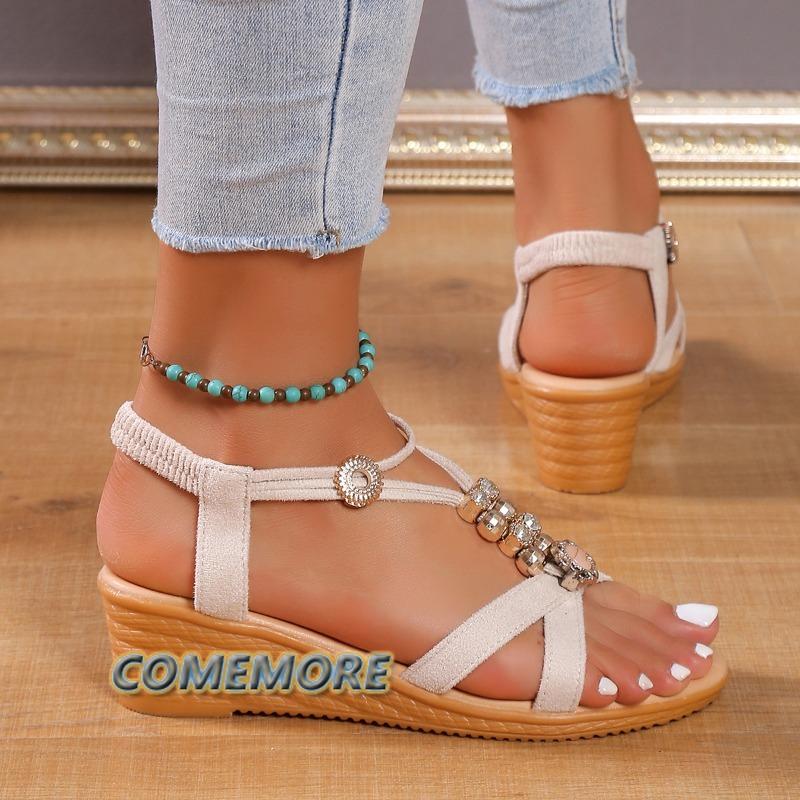 Ladies Shoes 2024 New Fashion Buckle Strap Women's Sandals New String Bead Casual Sandals Women Hot Sale Peep Toe Wedge Sandals