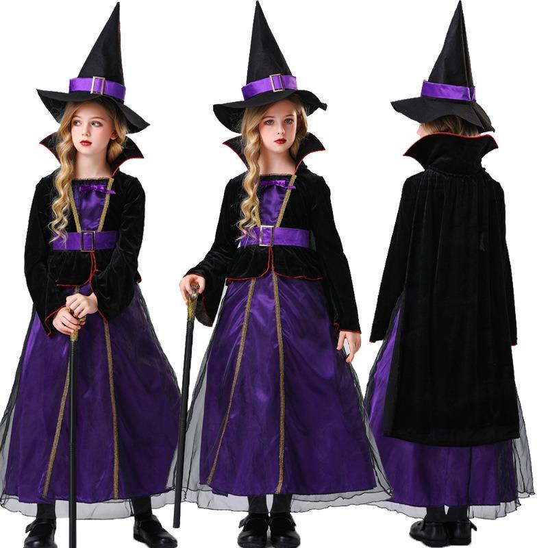 New Children's Witch Vampire Dress Mesh Dress Purple Green Dress with Hat Stage Performance Dress