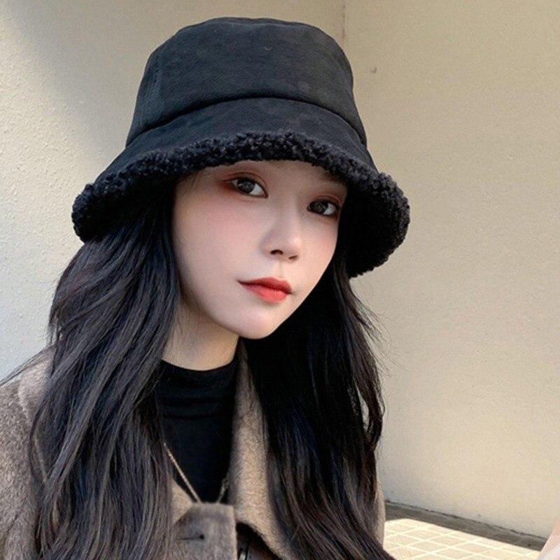 Winter Women Faux Fur Bucket Hat Outdoor Warm Lamb Black Solid Fluffy Fishing Cap