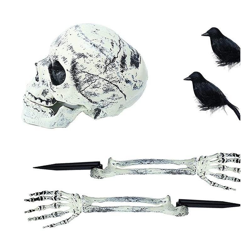 A84E-Realistic Skeleton Stakes Halloween Skull Three-Piece Set Halloween Skull Hand Set