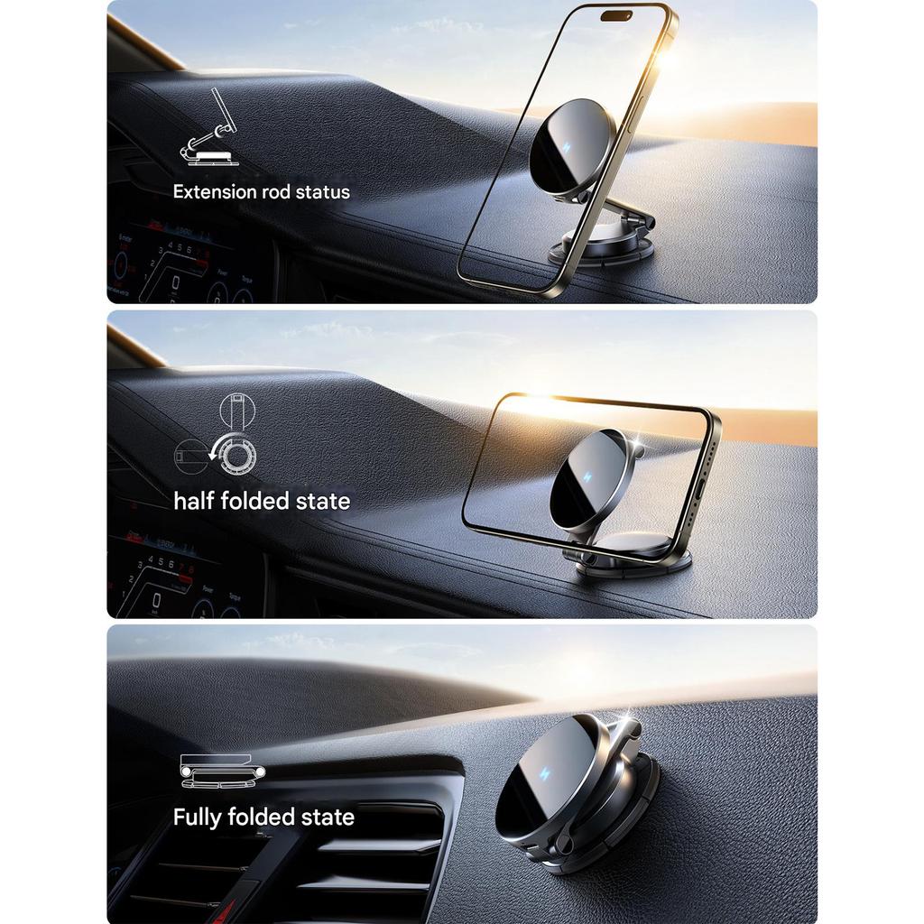 Foldable Magnetic Phone Holder for Car with 15W Fast Wireless Charging Adjustable Angles Antislip Universal