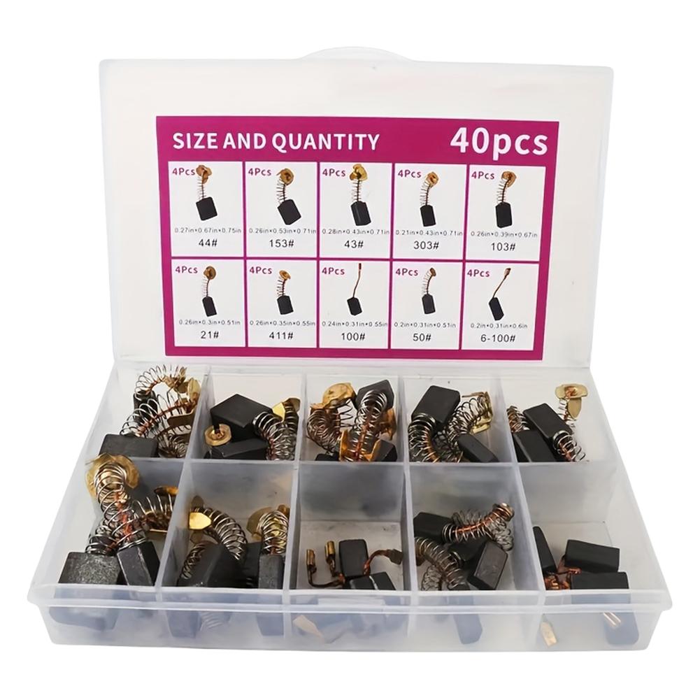 40 Pcs Electric Motor Carbon Brushes Set with 10 Sizes for Replacement Repair Power Tool Part
