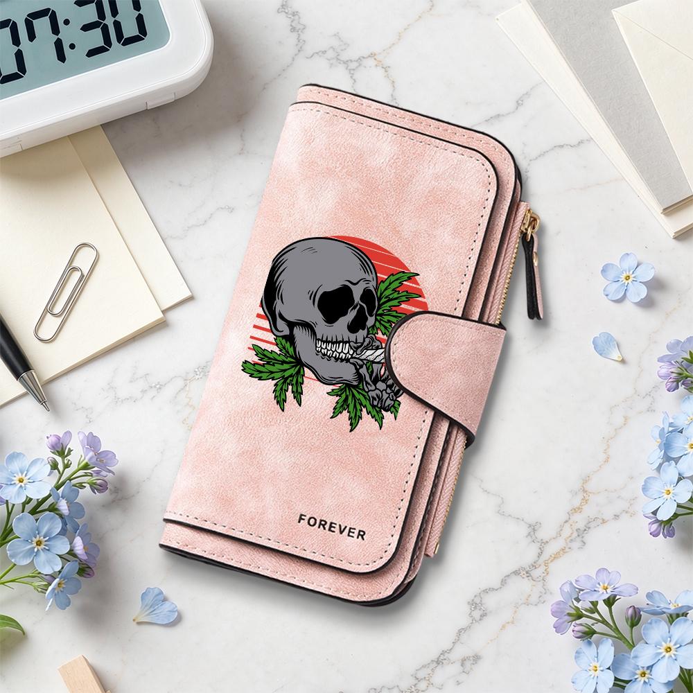 Gothic Skull Print Long Wallet Fashion PU Leather Card Holder Portable Daily Use Purse