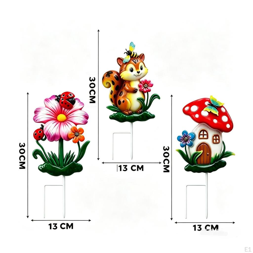 3 Pieces Decorative Garden Stake | Colorful Painted Ornament, with TwoProng Support,