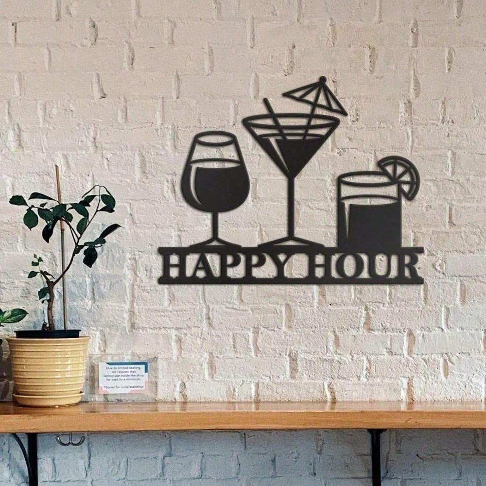 Vintage Schwarzes Metall Happy Hour Schild, Verwitterte Blechwandplakette für Hausbar, Retro Kneipendekoration für Keller, Garage, Spielzimmer, Einzigartiges Geschenk für Männer