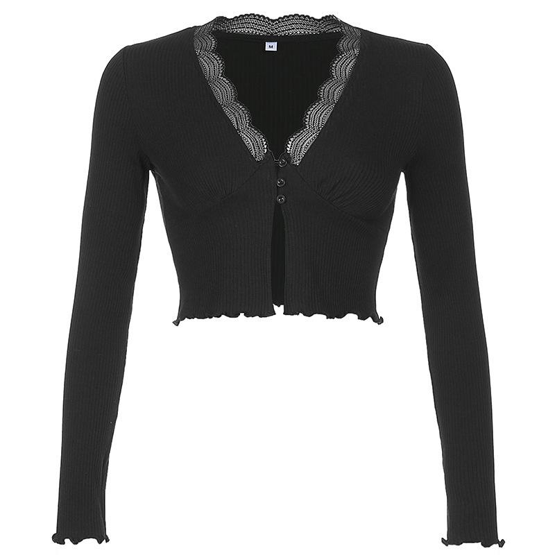 Cárdigan de punto de canalé con encaje de color sólido estilo europeo y americano con borde de oreja de madera y camiseta de manga larga para top casual de mujer con cuello en V