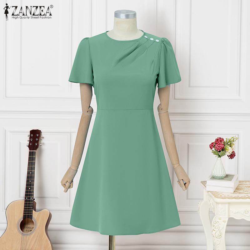 ZANZEA Vestido Casual de Verano para Mujer de Cuello Redondo y Manga Corta Holgado