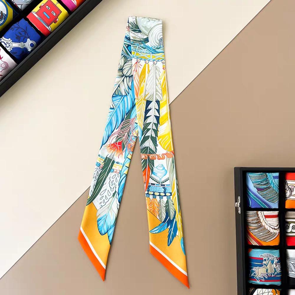 Europe Fashion New Animal Feather Pattern Ladies Leisure Decoration Twill Long Strip Streamer Silk Scarf Tie Bind a Bag Ribbon