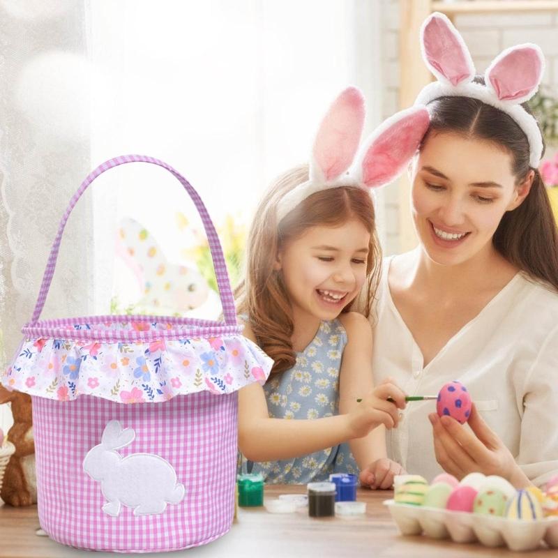 Reusable Fabric Easters Bucket Rabbit Print Decorative Bin Eggs Hunt Organizers Basket For Treats Storage Holiday Gifts