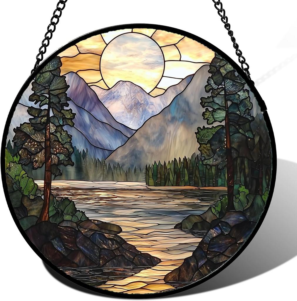 Stained Glass Window Hanging, Sunset Mountains Lake Tree Sun Catcher for Window Home Decor Landscape Suncatcher Mother's Day Birthday Gifts 7.8 in